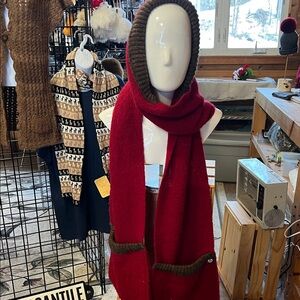 Cozy Red and Brown Knit Scarf with hand pockets